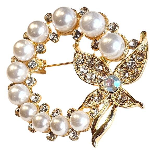 Crystal Brooch Pin Faux Pearl Rhinestone Butterfly Gold Tone Wreath Gift Box - Picture 3 of 8